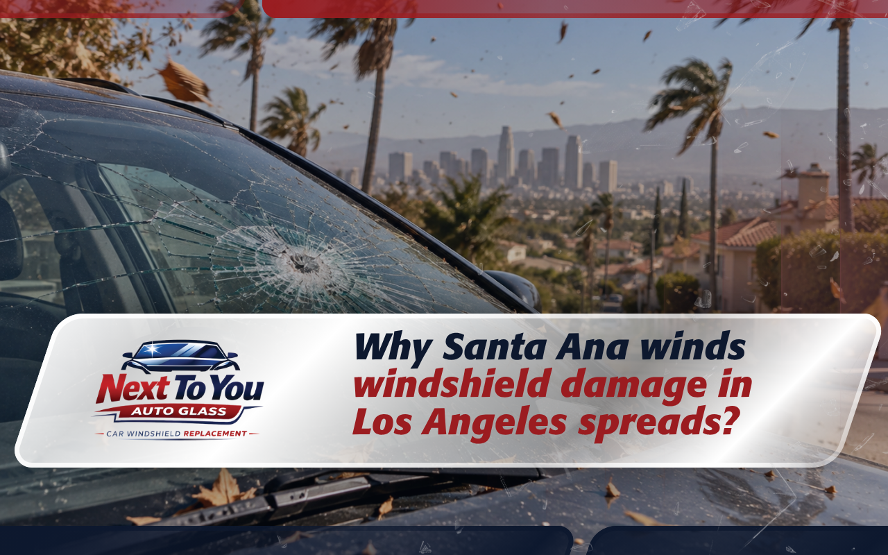 Santa Ana winds windshield damage in Los Angeles after flying debris impact