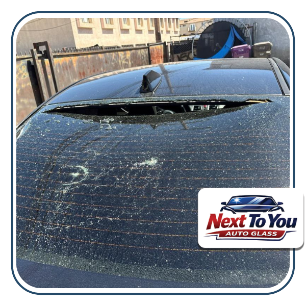 Before and after comparison of a chipped windshield repaired in Santa Ana, California.