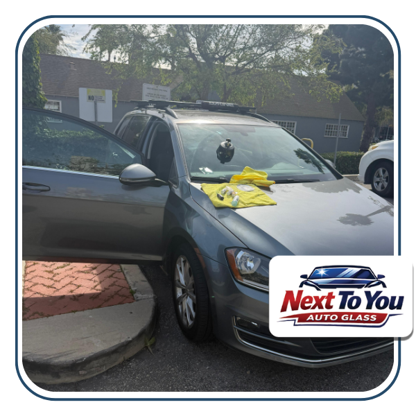 Before and after photos of cracked windshield replacement in Orange, CA.