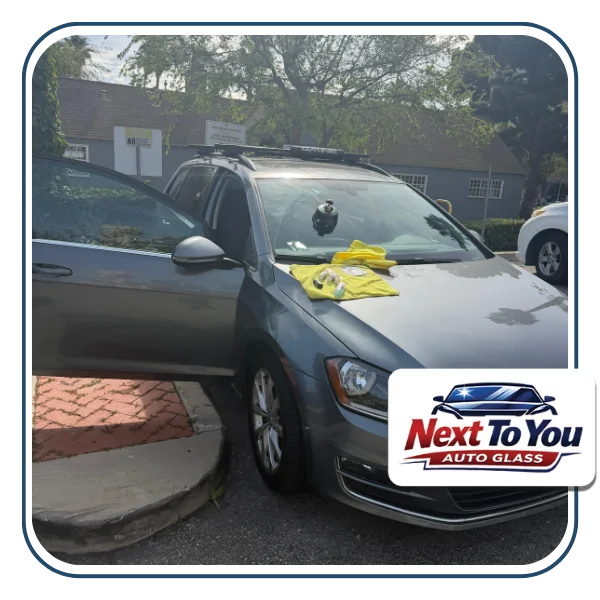 Before and after photos of cracked windshield replacement in Orange, CA.